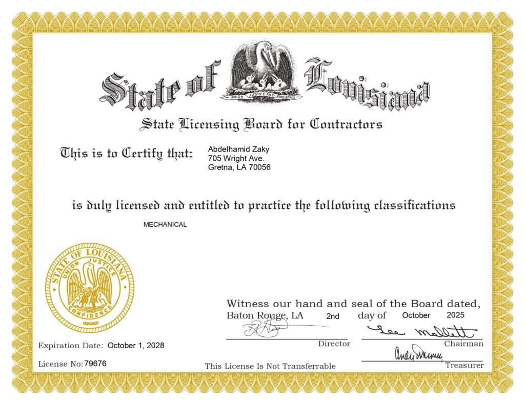 Official State Certification for Zees Air Conditioning Inc.