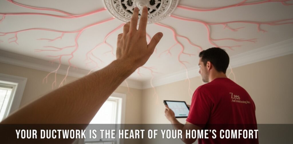 A POV shot of a hand near a ceiling vent with a visual overlay of a ductwork system in a historic Uptown home.