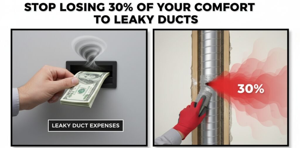 A Zees AirConditioning technician inspecting a disconnected duct in a cramped, historic attic in New Orleans.