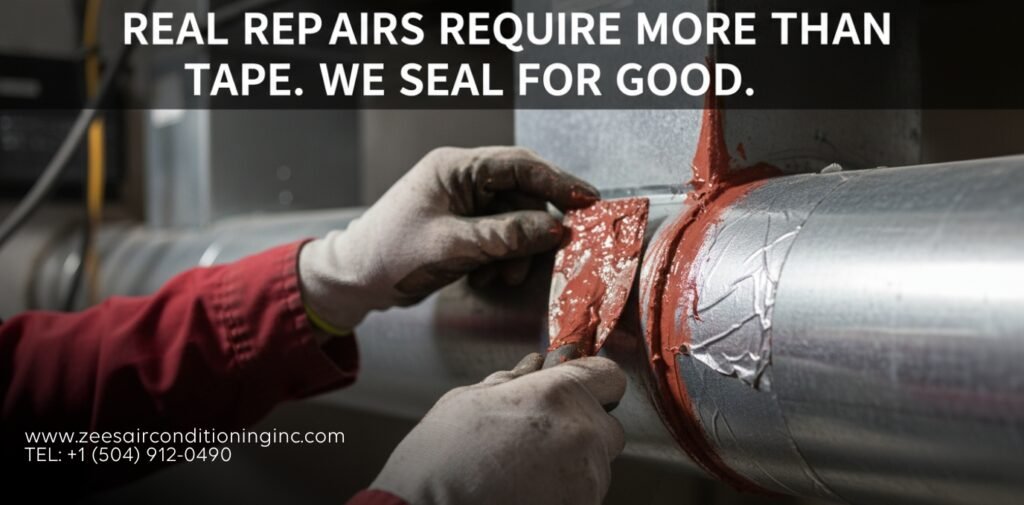 A close-up of a Zees AirConditioning technician applying professional mastic sealant to a leaking HVAC duct.