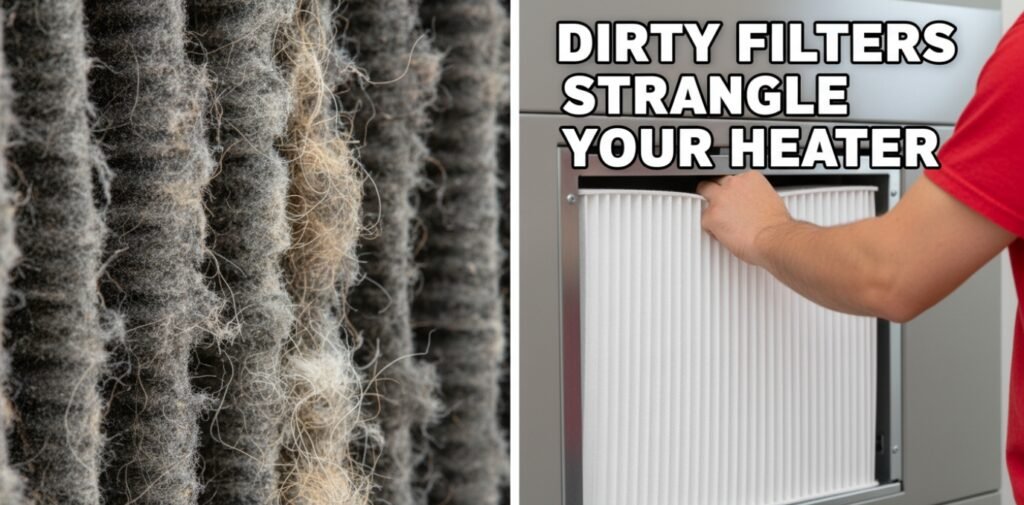 A comparison between a clogged, dirty air filter and a clean replacement being installed by a professional.