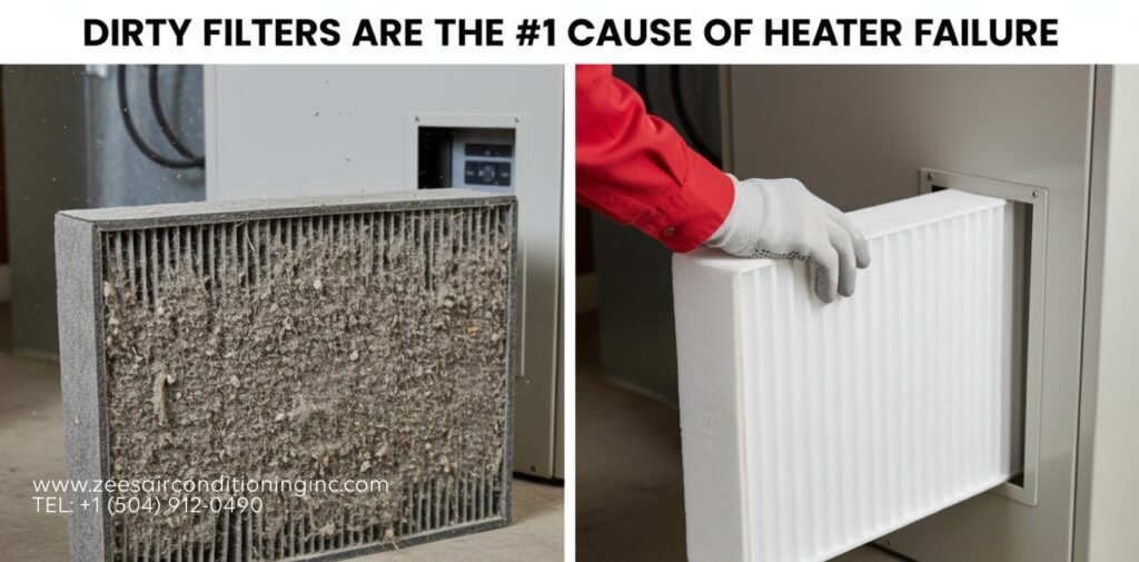 A comparison between a clogged, dirty air filter and a clean replacement being installed by a professional.