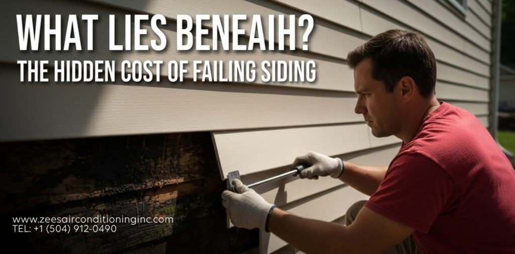 A professional inspecting behind vinyl siding, revealing hidden moisture damage to the home's structure.