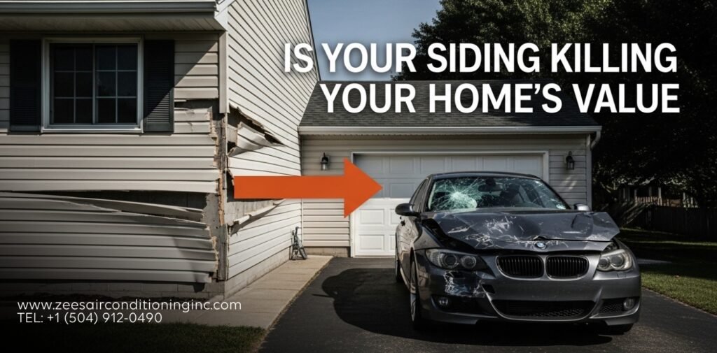 A split view showing normal siding versus hidden water rot underneath, with a fully damaged BMW parked nearby.