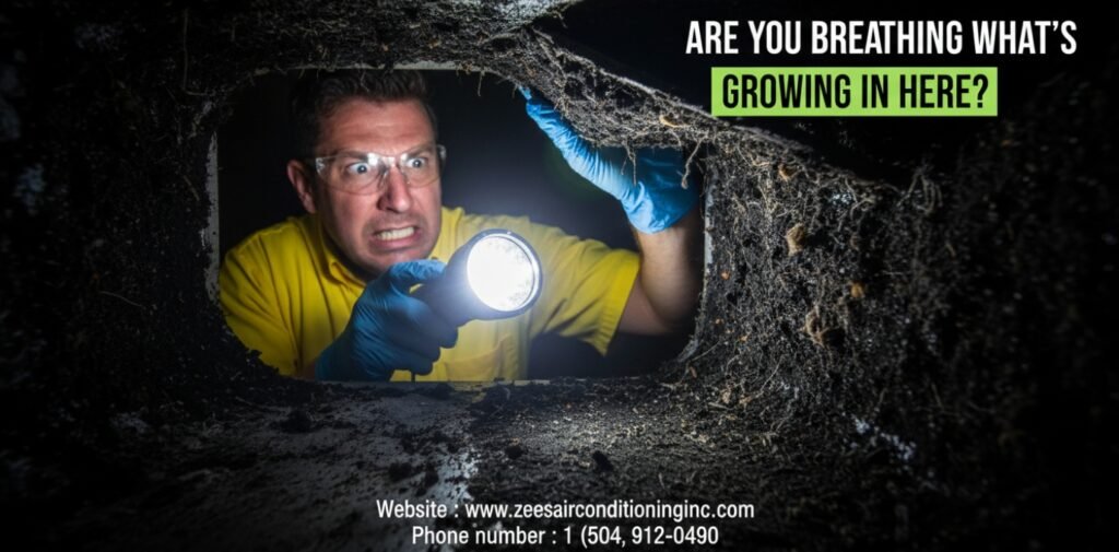 Close up of a male HVAC technician in a yellow uniform inspecting severe black mold inside residential ductwork.