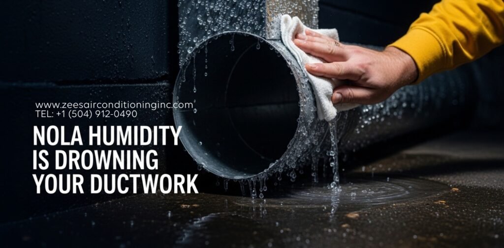 Close up of dripping condensation on poorly insulated ductwork being inspected by a Zees AirConditioning technician in a yellow uniform.