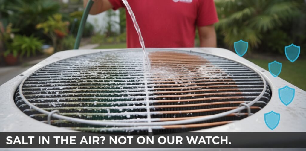 Close-up of salt-air corrosion being cleaned off AC condenser coils by a professional.
