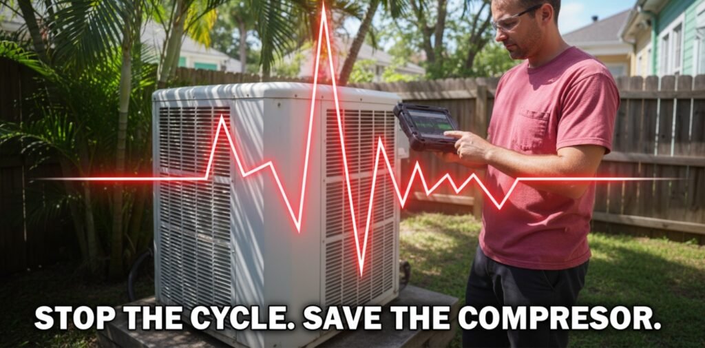 Diagnostic visualization of an AC unit short-cycling due to compressor stress.
