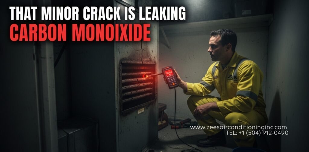 Expert male HVAC technician in a yellow uniform using a gas leak detector to find