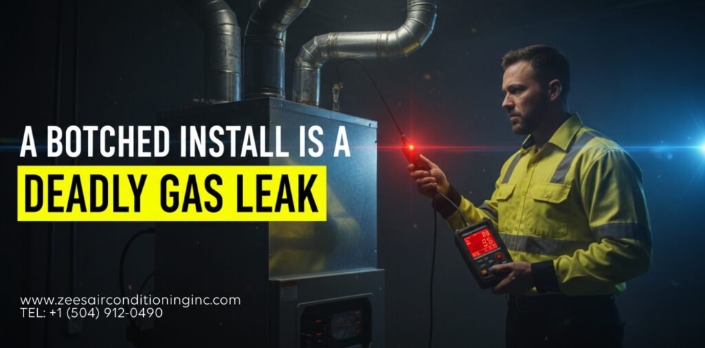 Expert male technician in a yellow uniform using a gas leak detector to find a dangerous exhaust leak on a residential heater.