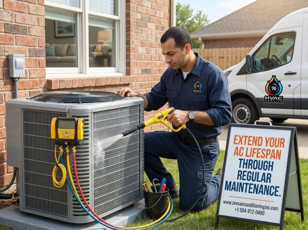 HVAC educational infographic showing the average lifespan of an air conditioner