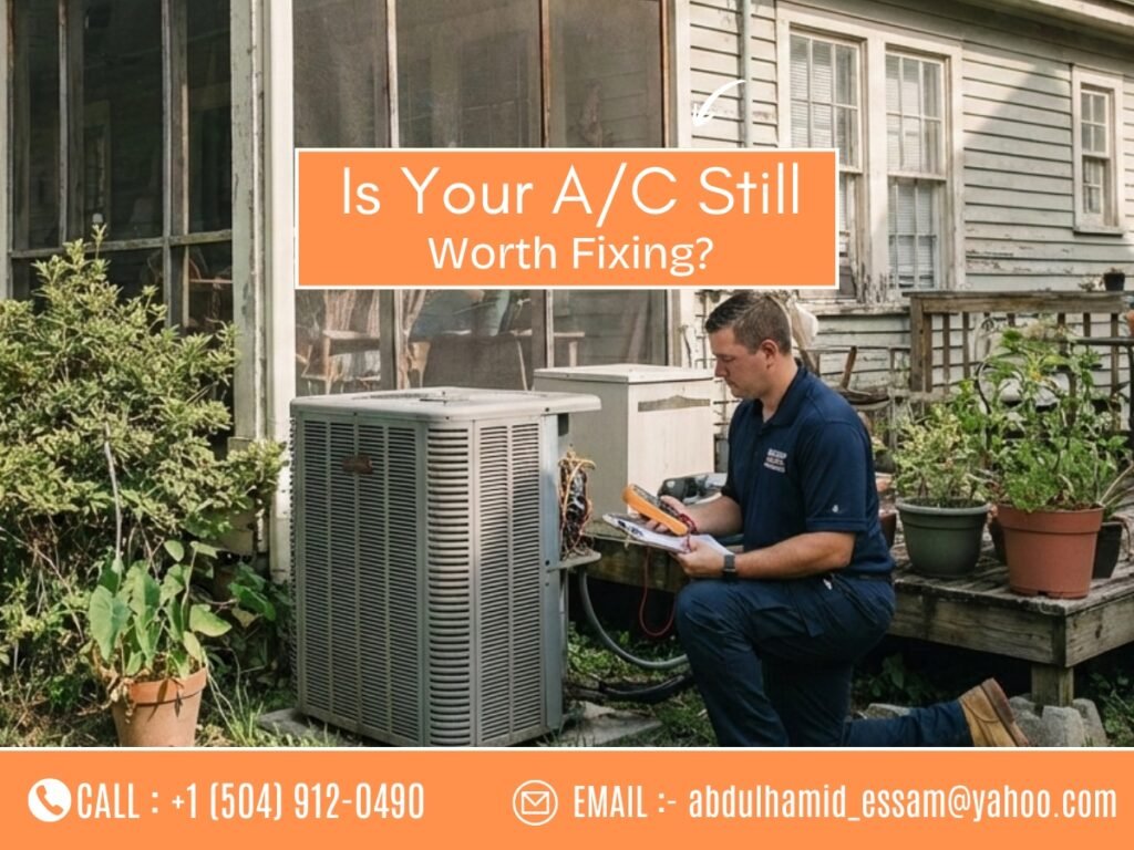 HVAC technician inspecting an air conditioning unit at a New Orleans home