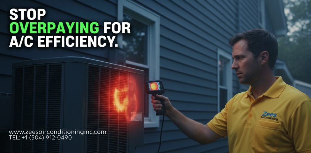 Male HVAC technician in a yellow uniform from Zees AirConditioning using a thermal camera to detect energy waste on a New Orleans AC unit.