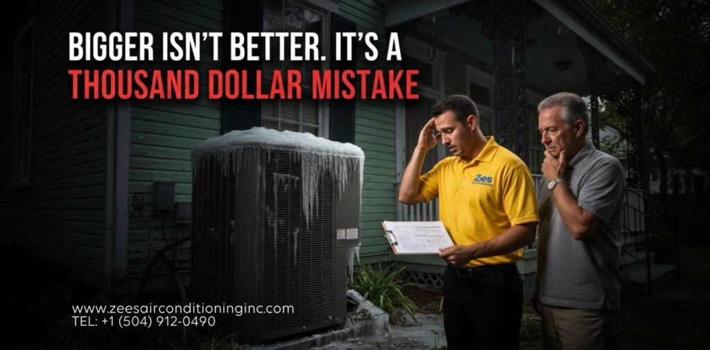 Male HVAC technician in a yellow uniform inspecting an oversized, freezing AC unit that is short-cycling in New Orleans.