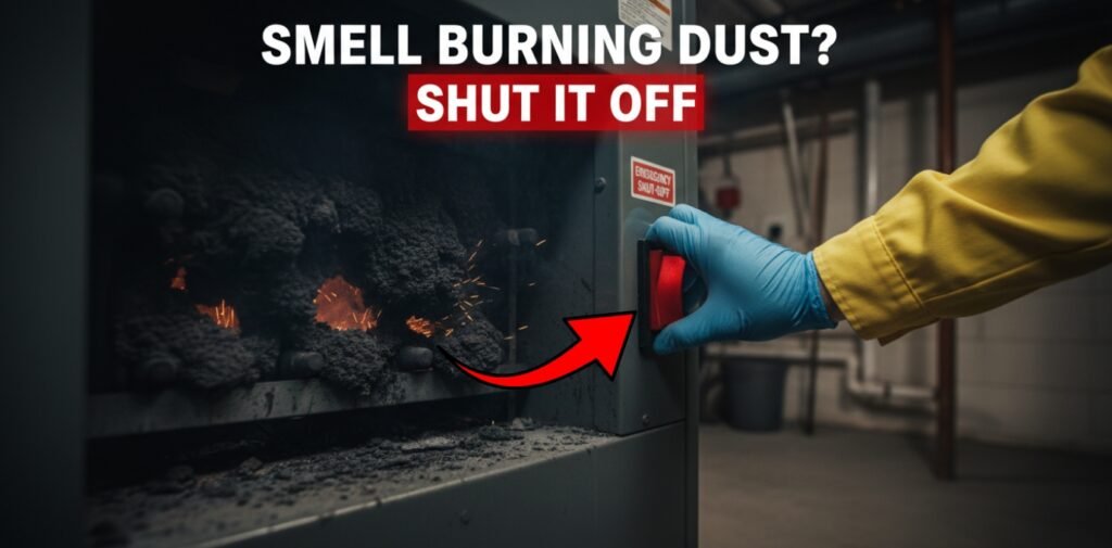 Male heating expert in a yellow uniform hitting the emergency shut-off switch on a dangerous, dusty gas heater in a New Orleans home.