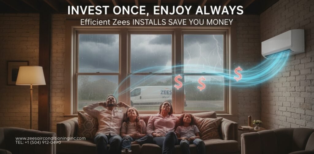 Relaxed homeowner in a comfortable New Orleans home interior with visualization of energy savings through efficient AC performance, contrasted with heat and storm outside.