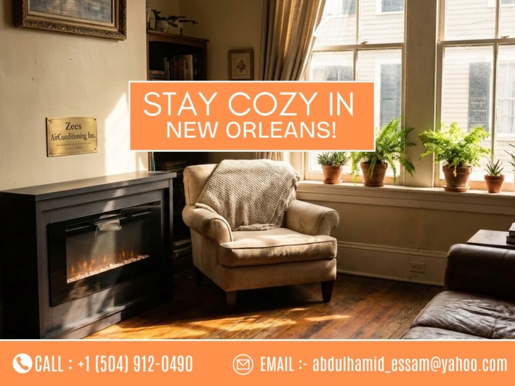 Warm and cozy living room in New Orleans with a modern heater running.