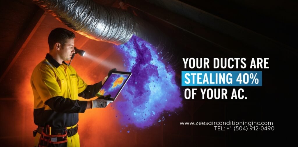 Zees AirConditioning technician in a yellow uniform using a thermal camera to reveal 40 percent energy loss through leaky ducts.