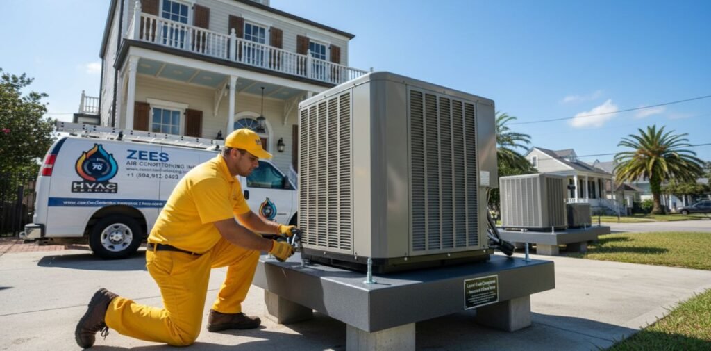 Professional male HVAC technician from Zees AirConditioning Inc in a yellow uniform installing a new AC system in New Orleans.