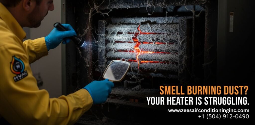 Professional male HVAC technician from Zees AirConditioning Inc in a yellow uniform installing a new heating system in New Orleans.