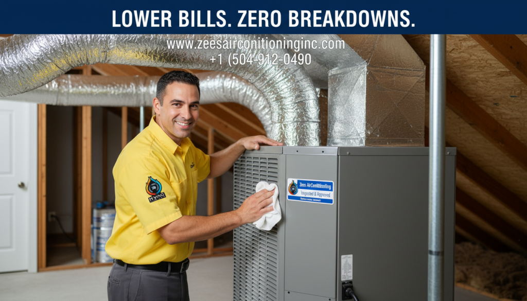 Male HVAC expert from Zees AirConditioning in a yellow uniform installing a high-efficiency heating system in New Orleans.