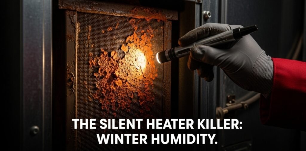Close-up of a rusted furnace heat exchanger caused by humid New Orleans winters, being inspected by a professional.