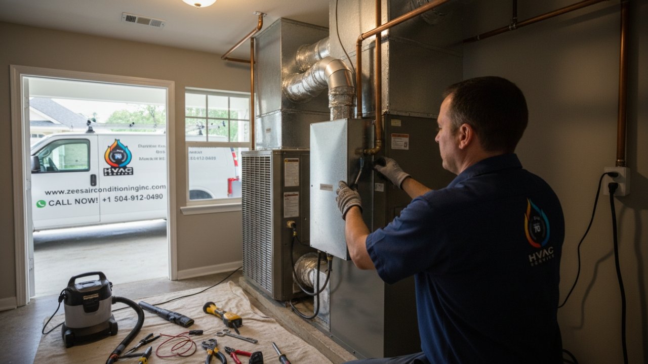 Close-up of an experienced HVAC technician adjusting a high-efficiency air filtration system inside a home
