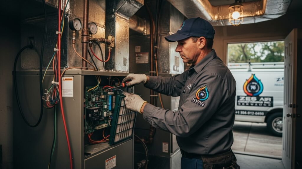 Detailed interior shot of an HVAC professional inspecting a residential heating