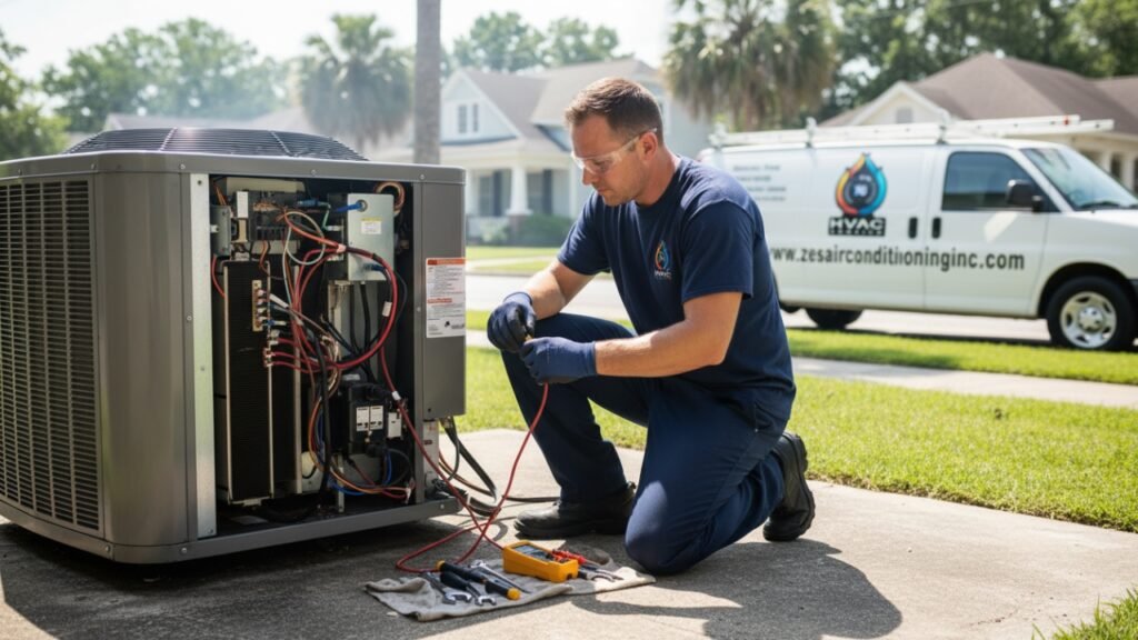 HVAC technician repairing outdoor AC unit in LaPlace heat