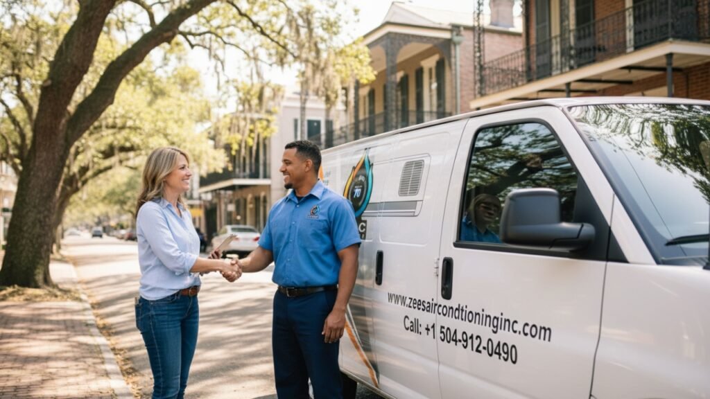 HVAC technician shaking hands with homeowner during Heat Pump Services New Orleans on a residential street with historic homes