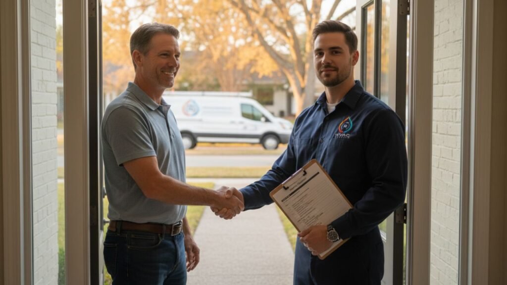 Happy homeowner with HVAC technician after maintenance service in Metairie