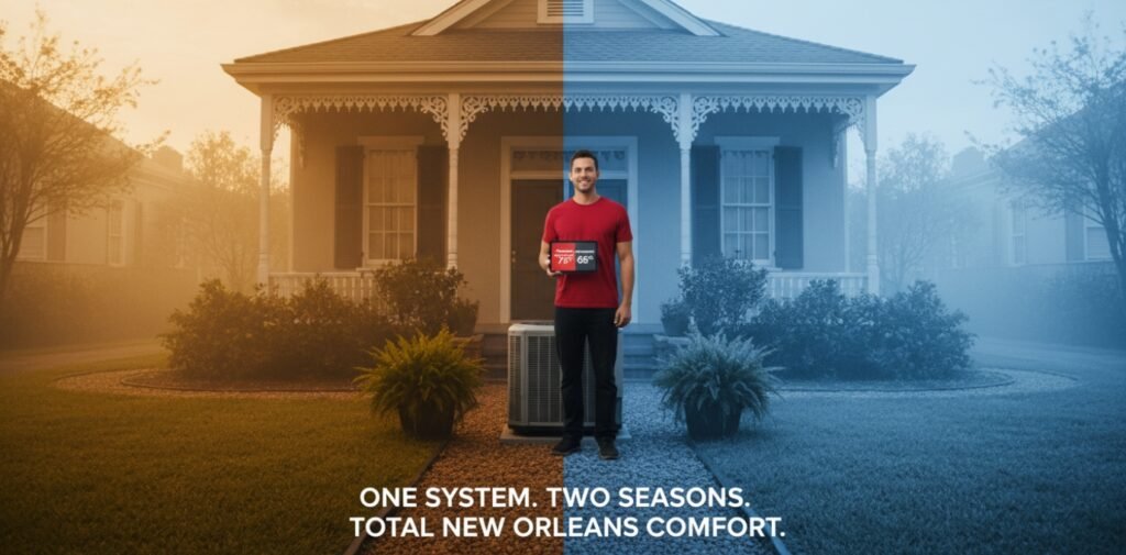 Split-screen visualization of a New Orleans home in summer and winter, featuring a Zees technician and a heat pump.