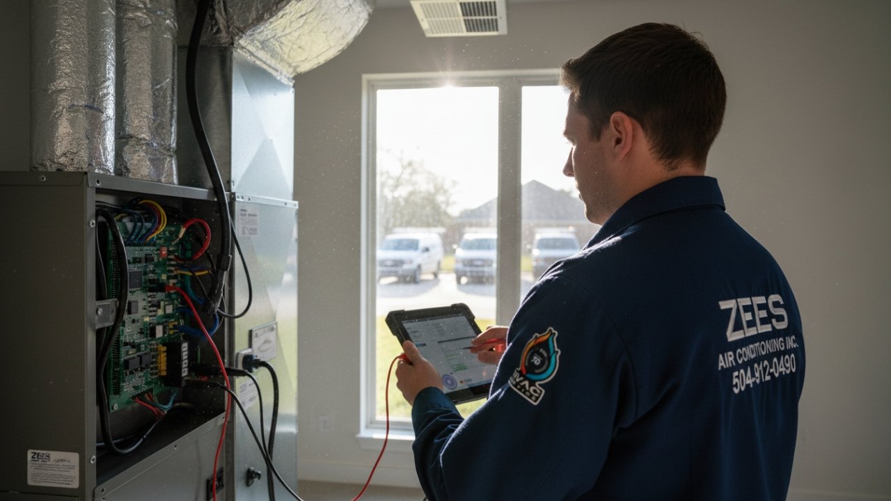 Professional HVAC technician checking system performance