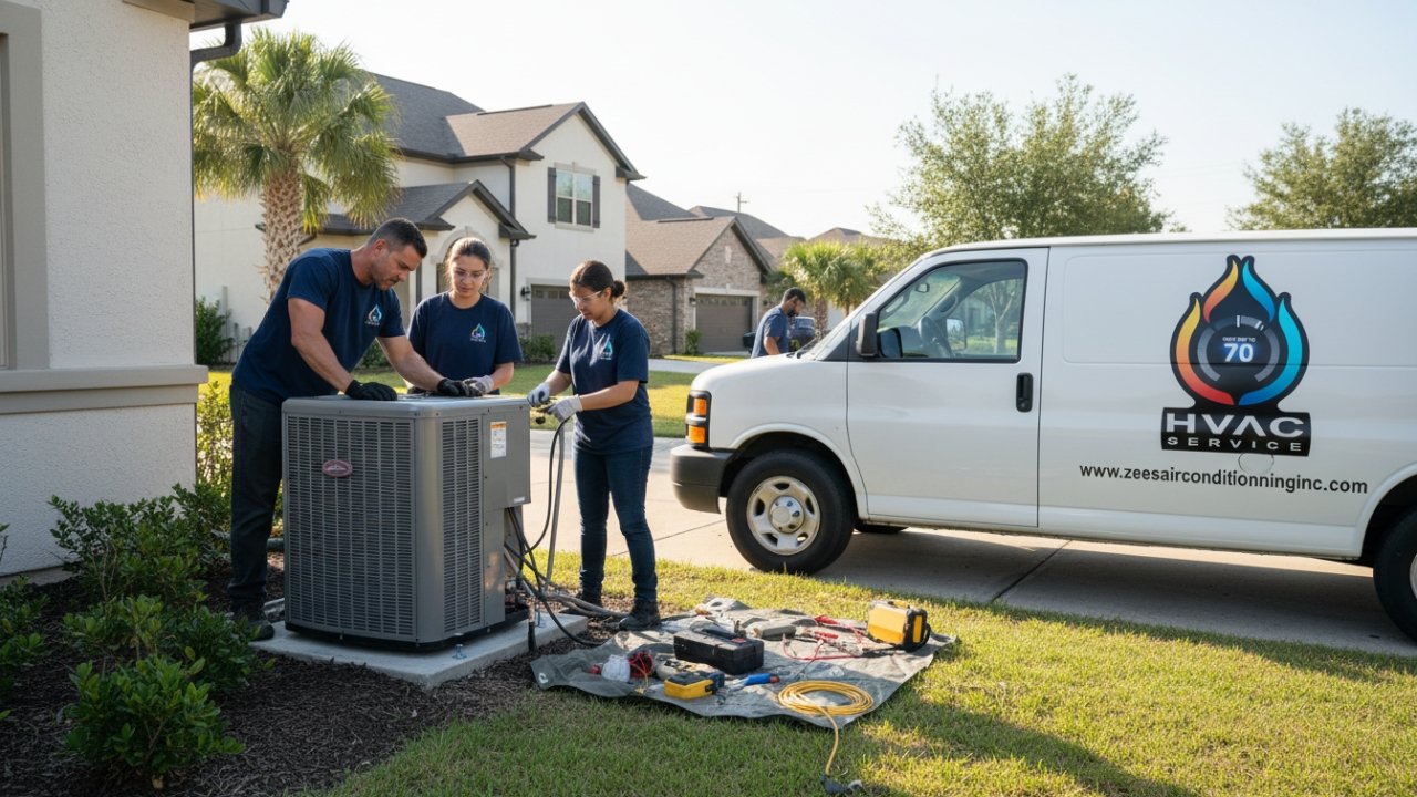 Rooftop commercial AC maintenance in LaPlace at sunset