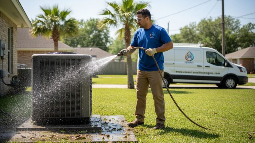 Technician performing spring AC maintenance in Louisiana home