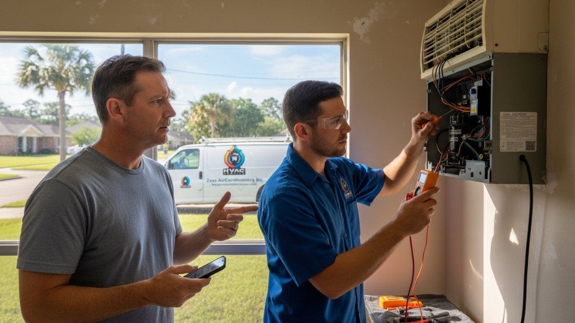 emergency AC repair technician with homeowner in Pearl River LA