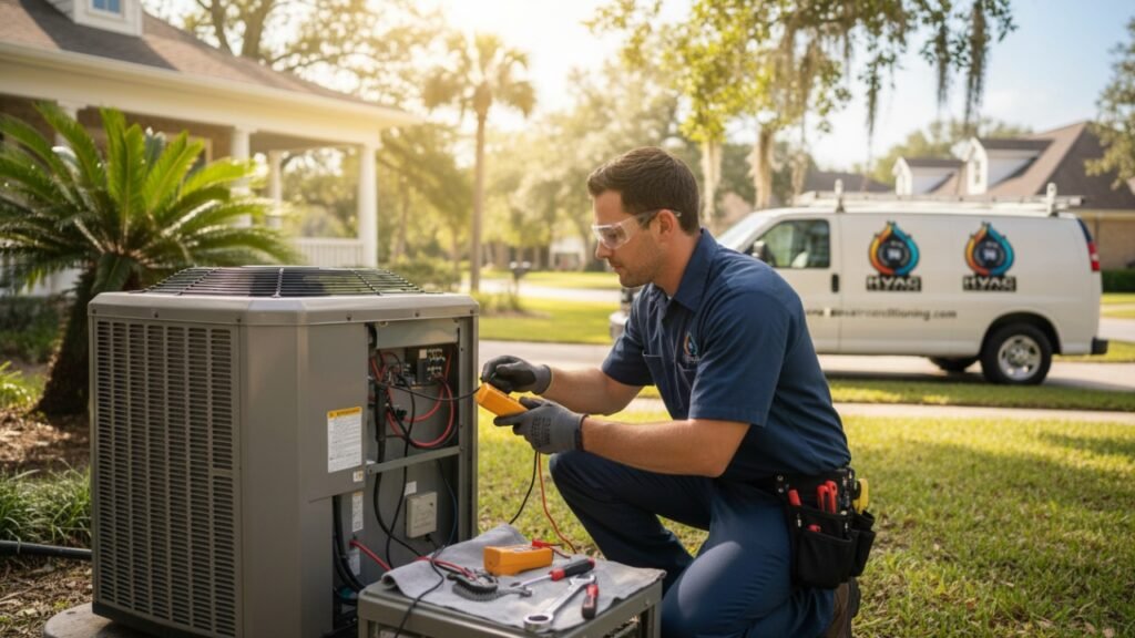 residential HVAC technician repairing AC unit Mandeville LA