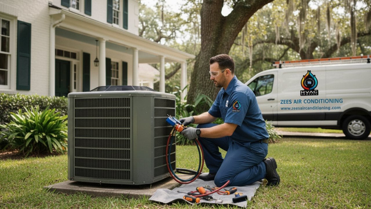 technician repairing residential AC unit Covington LA