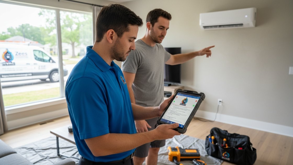 technician talking with homeowner