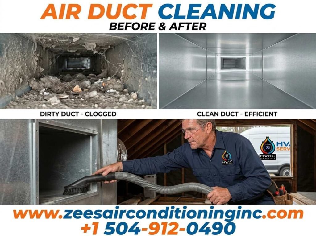 Duct work maintenance Kenner LA showing clean vs dirty air ducts for better air quality
