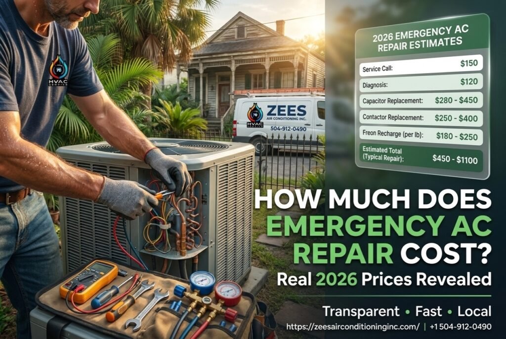 Emergency AC repair cost breakdown with technician working in New Orleans