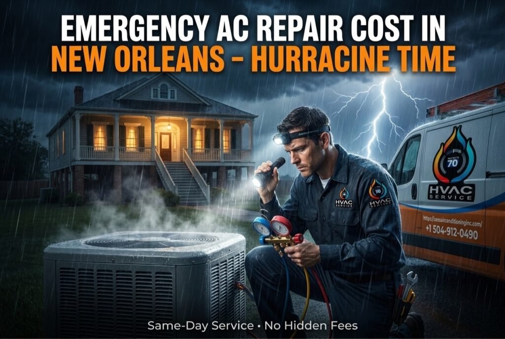 Emergency AC repair technician working at night in New Orleans storm