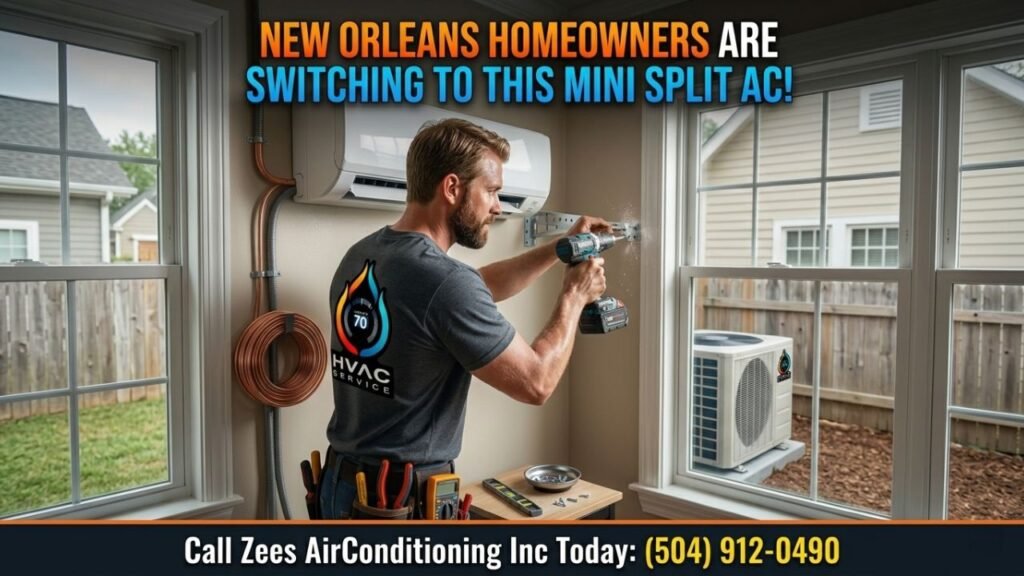 HVAC technician actively installing a ductless mini split system