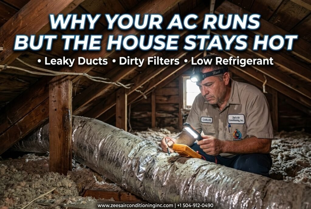 HVAC technician diagnosing why AC is running but house still feels hot in New Orleans