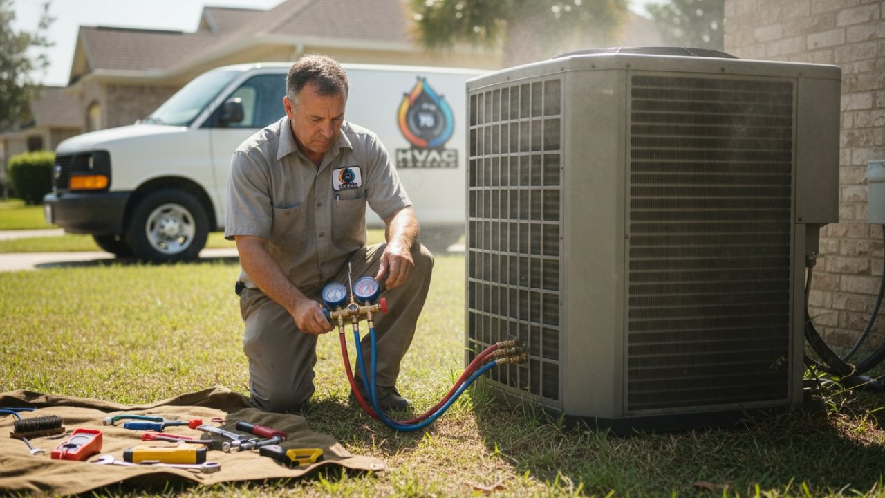 HVAC technician repairing AC unit in Hahnville LA heat