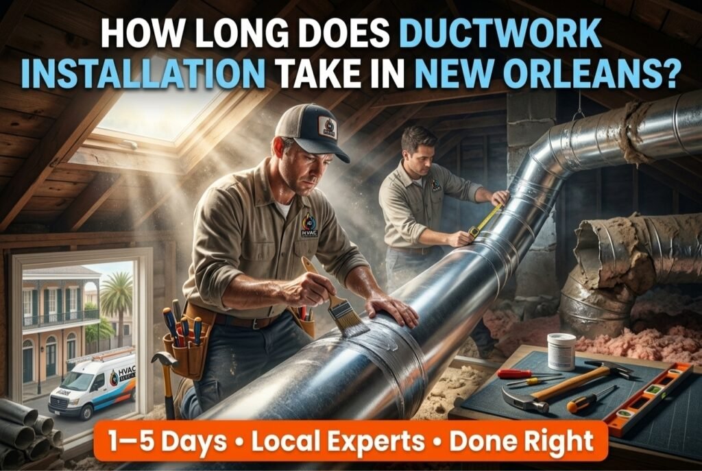 Professional ductwork installation crew working in New Orleans raised home attic