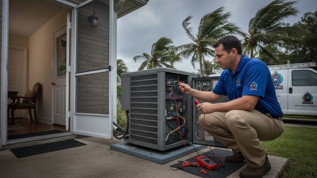 Technician checking AC electrical system before storm New Orleans