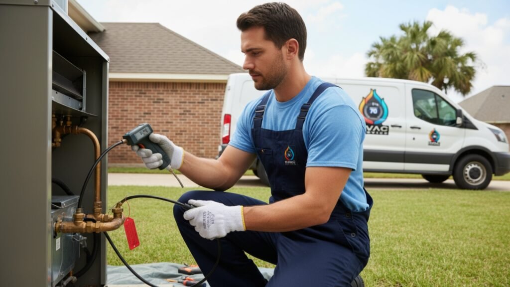 Technician checking furnace gas line Louisiana