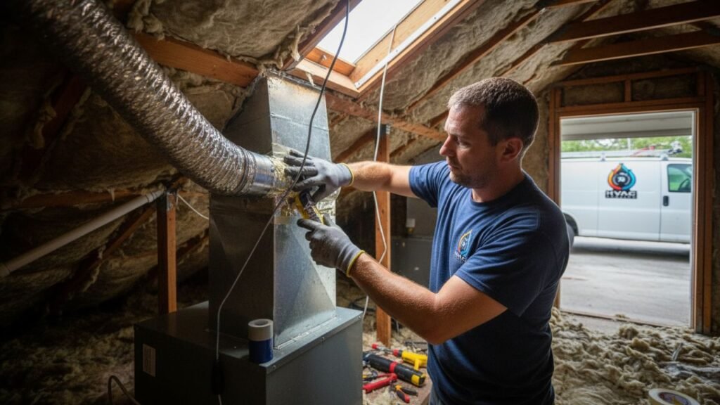 Technician connecting HVAC ductwork New Orleans