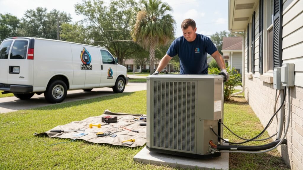 Technician connecting HVAC system Gretna